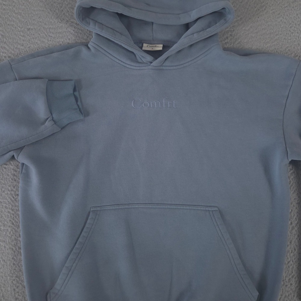 Comfrt Hoodie Mens Small Blue Embroidered Logo Cotton Blend Fleece Pullover